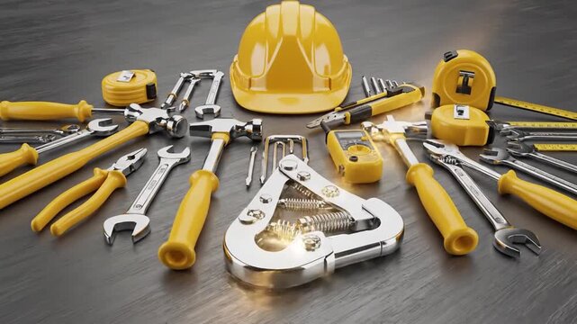 Construction tools and helmet on surface.