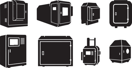 Collection of various black luggage and travel suitcase icons