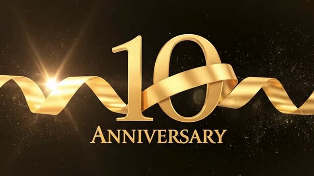 Elegant golden '10' with a shimmering ribbon and 'ANNIVERSARY' text on a dark, sparkling background, symbolizing a decade celebration.