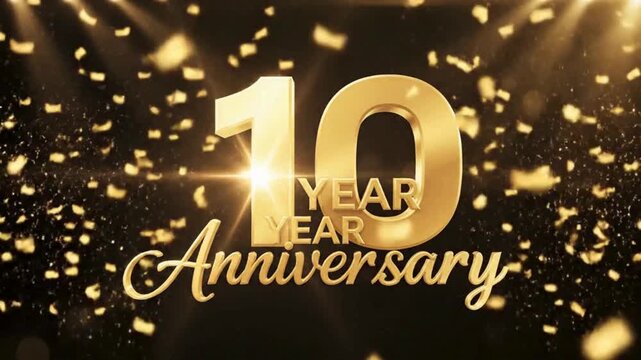 A luxurious golden '10 YEAR Anniversary' text with sparkling confetti falling on a dark background, celebrating a decade of success.