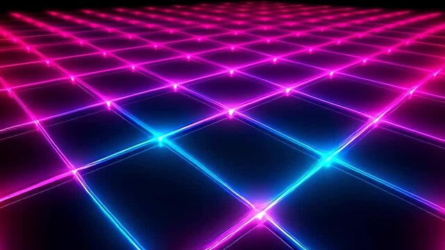 Vibrant Neon Grid Pattern with Pink and Blue Lights.