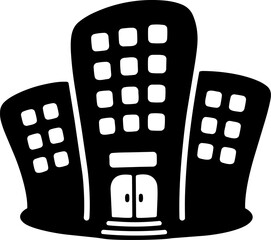 Stylized building illustration featuring modern design with curved edges and multiple windows, conveying sense of urban architecture