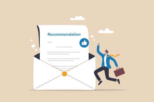 Happy businessman celebrating a successful job recommendation letter coming out of a large envelope. Vector, illustration