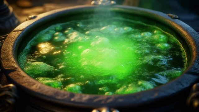A glowing green cauldron bubbles magically on a stone surface in a mystical, dark background