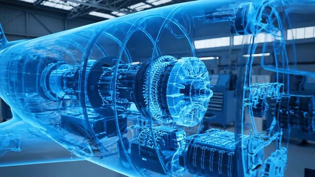 A detailed blue holographic projection of an airplane's internal components and structure is displayed inside an industrial hangar, showcasing intricate engine parts and landing gear.