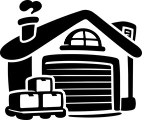 Simple and charming illustration of garage with large door, chimney, and stacked boxes nearby, evoking sense of storage and organization