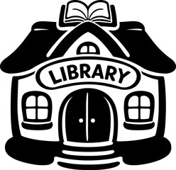 Charming library building with book on roof, featuring welcoming entrance and windows, perfect for reading and learning