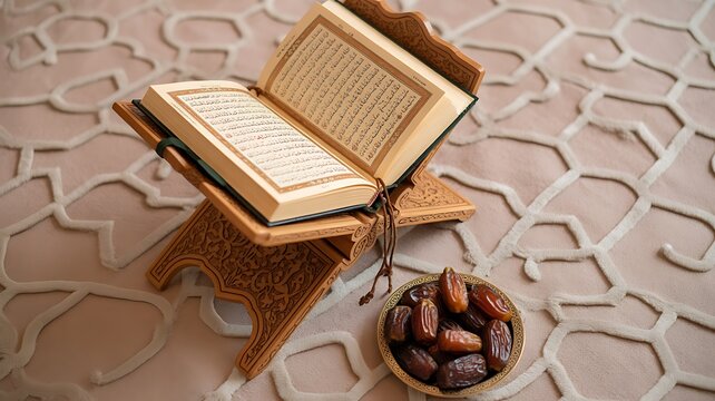 Bilkul &mdash; in 3 images ke liye titles aur keywords:

Image 1

Title:
📖 Open Holy Quran with Dates on Prayer Mat

Keywords:
Holy Quran, dates fruit, Islamic prayer mat, Ramadan reading, Muslim worship, 