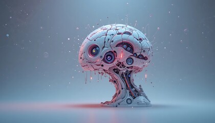 Sci-Fi Conceptual 3D Illustration of a Robotic Artificial Intelligence Brain with Mechanical Circuits and Glowing Lights, Symbolizing Neural Networks, Cybernetic Evolution, and Future Technology