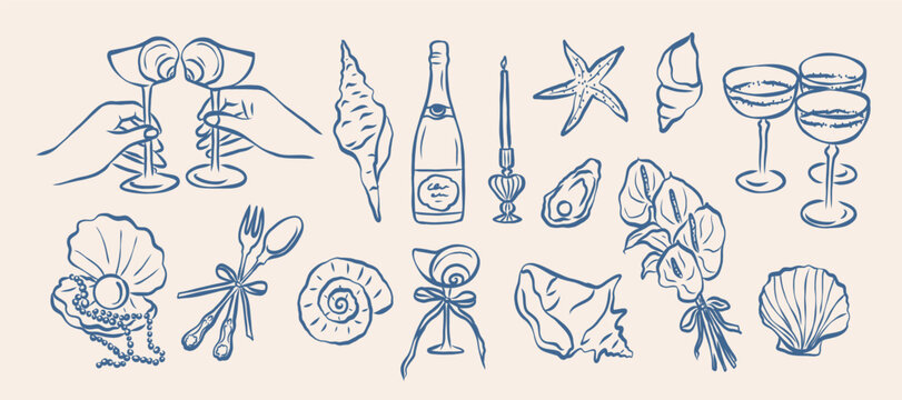 Hand drawn retro beach party elements collection