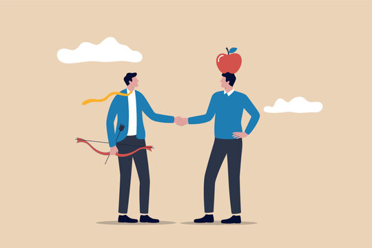Business partnership betrayal concept with a man hiding a bow and arrow behind his back. Vector, illustration