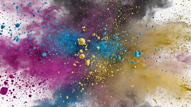 Vibrant CMYK color powder bursts and scatters against a clean white background