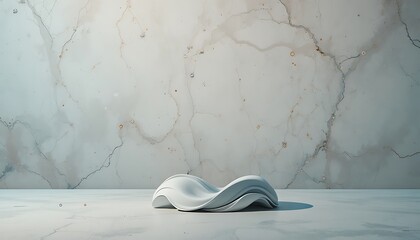 3D Render Minimalist White Product Stage with Sculptural Organic Wave Form against Textured Marble Wall Backdrop for Luxury Cosmetics Jewelry and Premium Brand Presentation Mockup