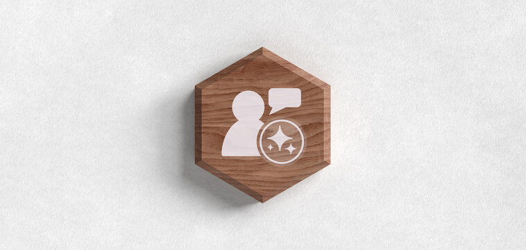 KI Kundenservice Header Icon User mit Sprechblase und Sparkles k&uuml;nstliche Intelligenz f&uuml;r Support und Assistenz auf Holz Hintergrund