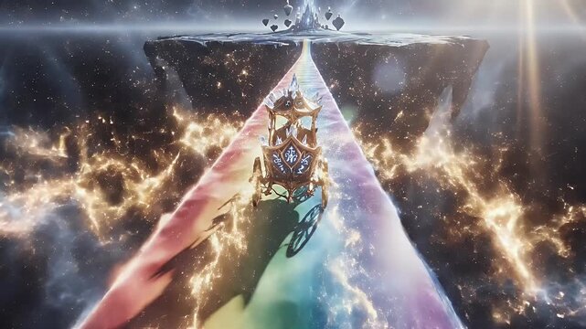 A celestial chariot rides a rainbow bridge through the cosmos, stars twinkle around it