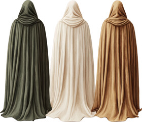 Back view watercolor illustration of three hooded cloaked figures in dark, white and brown robes, isolated on transparent background, fantasy concept.