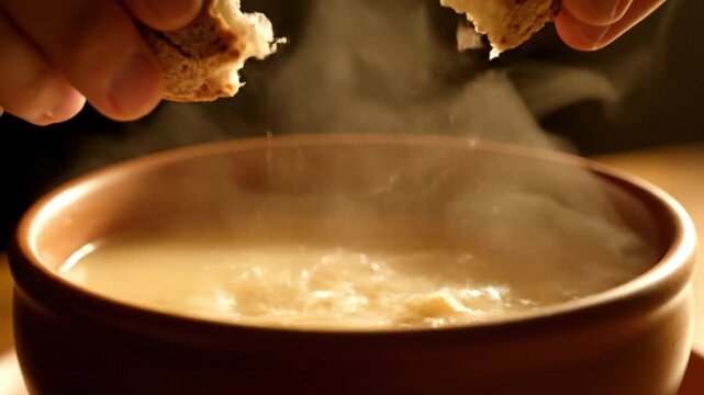 A steaming bowl of soup being dipped into with bread from above in a close-up shot