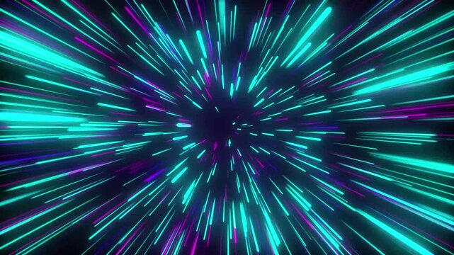 Futuristic hyperspace warp speed light travel effect with glowing blue and purple streaks abstract cosmic space motion