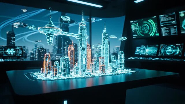 A glowing blue and orange holographic model of a futuristic city dominates a table in a dark, high-tech control room. Digital screens display data in the background.