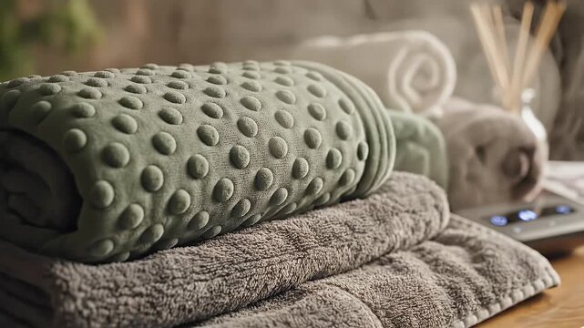 A cozy scene showcases a neck pillow, blue mat, stack of cards, and reed diffuser