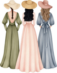 Watercolor illustration back view of three women in long vintage dresses and wide brim hats, boho style fashion clipart isolated on transparent background.