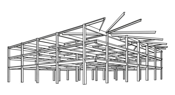 Steel frame structure under construction.