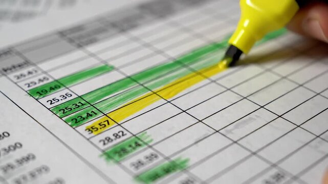 Highlighting financial data spreadsheet for analysis and planning