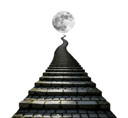 Climbing stairs to the moon surreal landscape artistic digital art isolated on transparent background