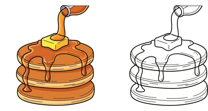 Stack of pancakes with butter and pouring maple syrup vector illustration with black and white coloring page outline.