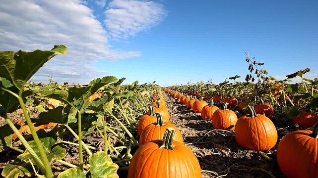 A vibrant pumpkin patch on a sunny autumn day with a clear blue sky and white clouds in the background, possibly used for seasonal or harvest-themed advertising