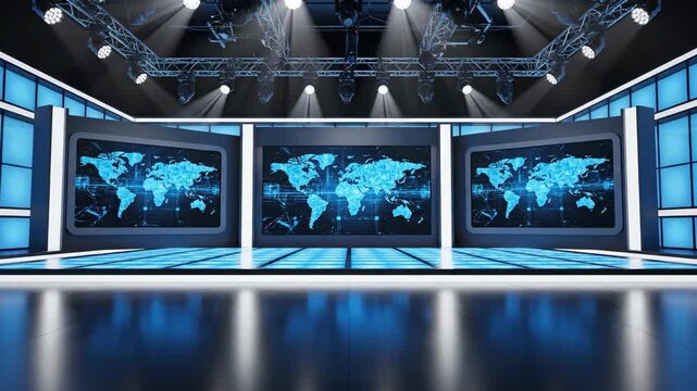 Blue digital studio set with global map display and modern design elements