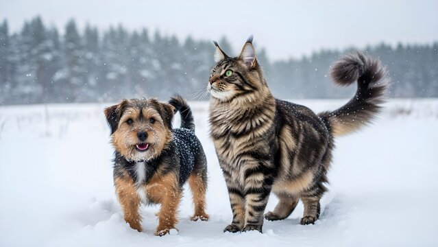 Cheerful small terrier mix and majestic long‑haired tabby cat explore a snowy meadow side by side, their curious faces and wagging tail capturing the charm, courage, and unlikely harmony of canine and
