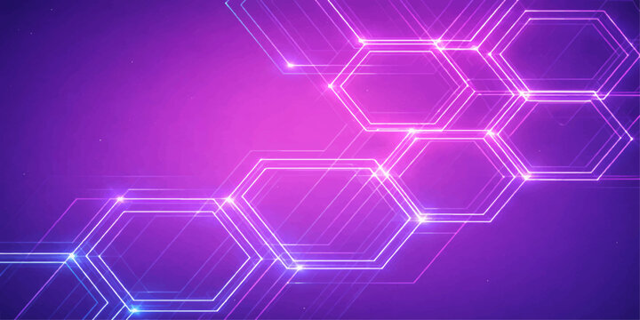 Abstract purple and blue background with hexagon pattern vector illustration featuring 3D technology shapes and light textures for a digital business backdrop design element