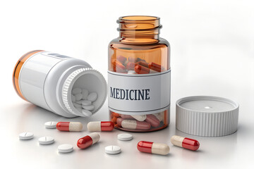 A realistic depiction of an amber glass medicine bottle with pills spilled onto a white surface