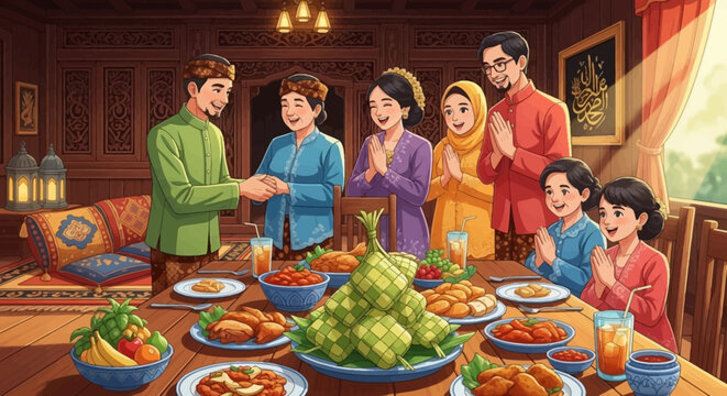 Traditional Indonesian Family Gathering for Eid Celebration Feast