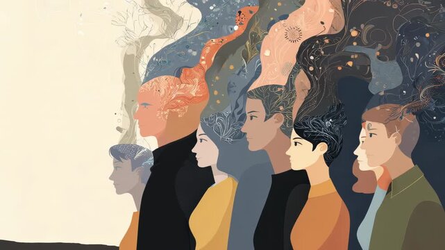Neurodivergent group advocating for rights, diverse emotional and psychological wellbeing, world mental health day awareness, eight people abstract illustration
