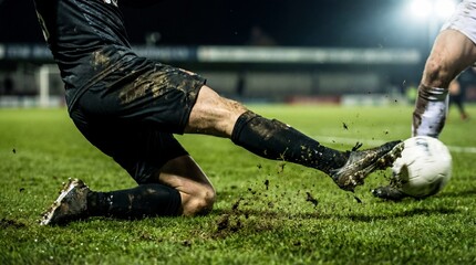 Intense soccer action defender's closeup dive muddy field sports photography night game dynamic perspective
