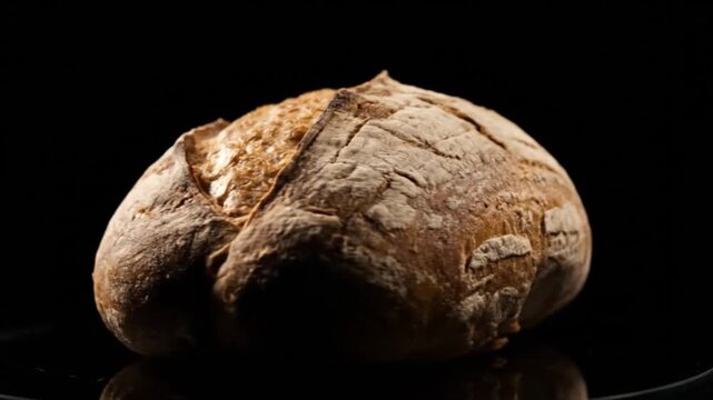 A close-up shot of a bread loaf on a reflective black surface, captured from a low angle, showcasing its texture and crust details in a dramatic lighting setting from '0207(32).mp4'