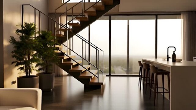 Contemporary luxury living room interior with minimalist furniture, wooden staircase, large floor-to-ceiling windows, indoor plants, and warm natural lighting. Modern open space home design with elega