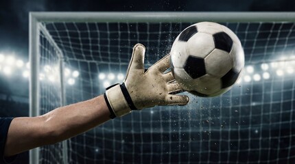 Dynamic save by goalkeeper in soccer match stadium arena sports action shot nighttime environment close-up perspective athletic excellence
