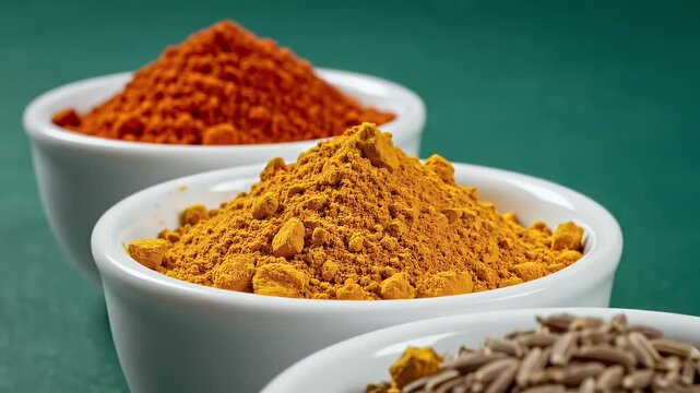 Three small white bowls contain piles of vibrant spices on a green surface.  The focus is on the spices
