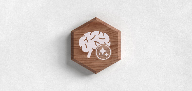 KI Gehirn Psychologie Header Sparkles K&uuml;nstliche Intelligenz Neurowissenschaft Denken Mental Health Technologie Holz Hexagon Symbol Icon Illustration