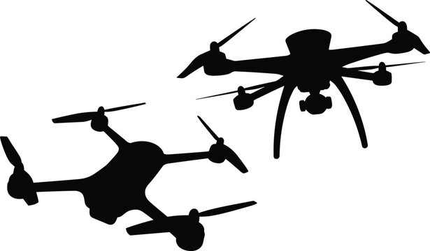 Two quadcopter drone silhouettes with cameras, isolated black outline design showing aerial technology for photography, surveillance, recreational flying, creative stock photography projects