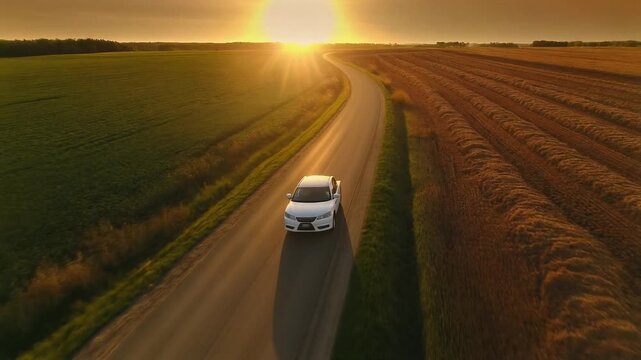 Aerial view of white car driving on rural road through fields at sunset