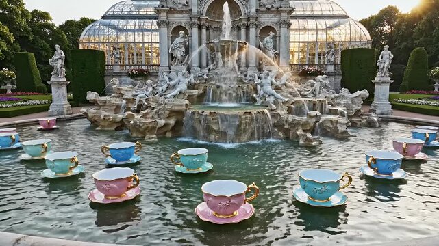 A pond featuring floating teacups with a fountain and classical architecture in background