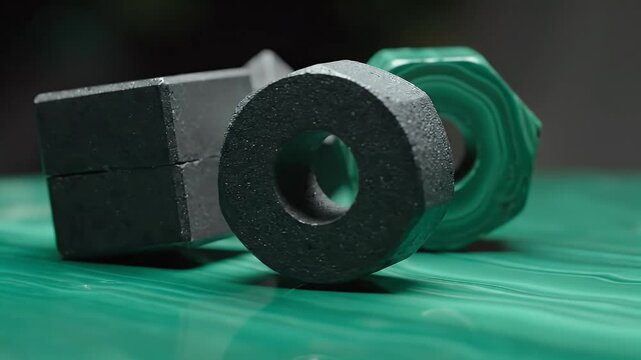 Close-up of metallic objects, a square block and a circular shape, on a vibrant green surface