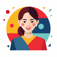 Cheerful Cartoon Woman with Colorful Circular Background and Fashion Design Illustration