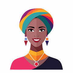 Vibrant Stylized Illustration of Woman with Cultural Head Wrap, Earrings, and Elegant Necklace against Clean Background