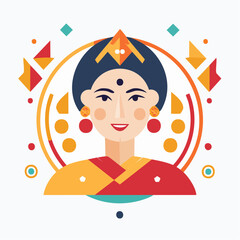 Stylized Indian Woman with Bindi, Gold Crown, and Red Yellow Outfit in Vibrant Illustration