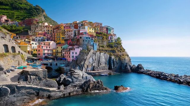 Colorful houses clinging to steep mountain slopes coastal village architecture Mediterranean hillside town h (2)
